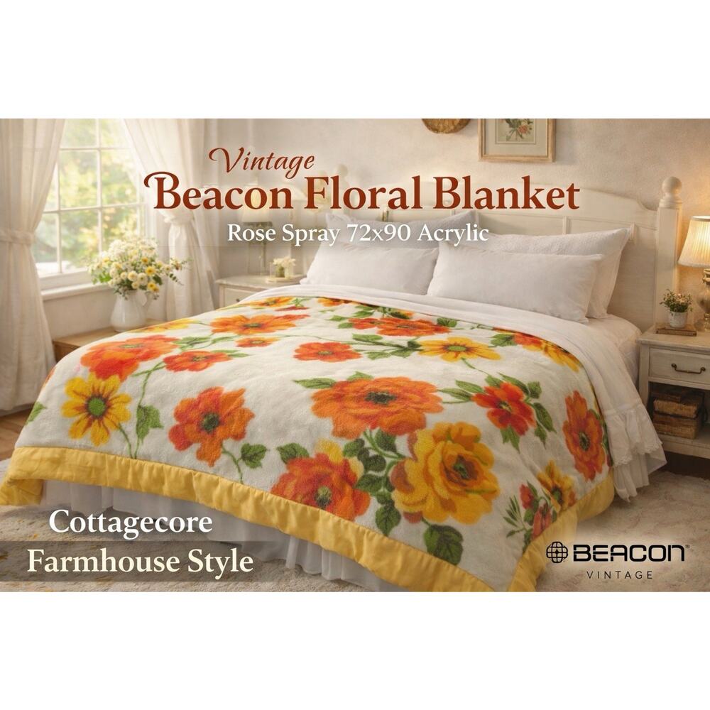 Vintage Beacon Floral Blanket 72x90 Acrylic Rose Spray Yellow Trim